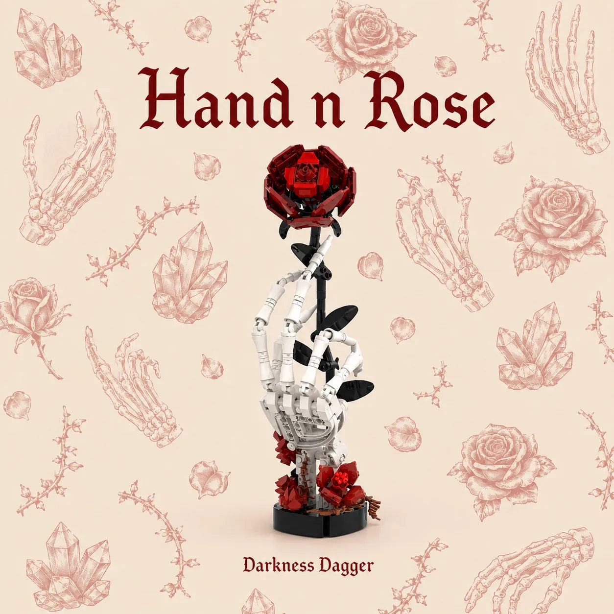 A gothic-themed product display featuring a skeleton hand sculpture holding a red rose, with the text 'Hand n Rose' at the top and 'Darkness Dagger' at the bottom, set against a beige background with red floral and skeletal illustrations.