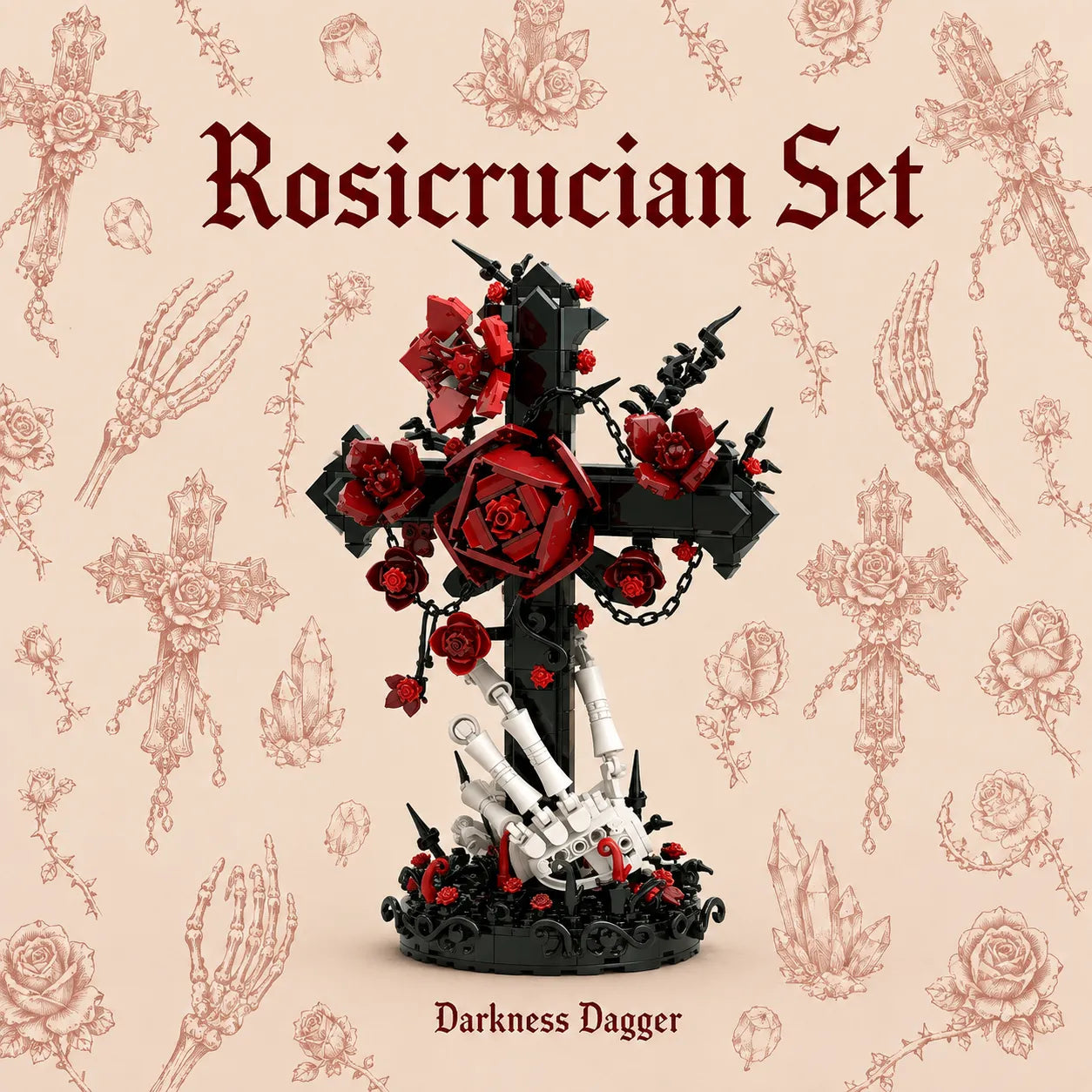 A gothic-style decorative cross sculpture labeled 'Rosicrucian Set' and 'Darkness Dagger,' featuring a black cross adorned with red roses, white skeletal hands, and small red flowers, centered on a pale beige background with faint rose and skeleton illustrations.