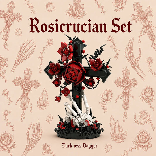 A gothic-style decorative cross sculpture labeled 'Rosicrucian Set' and 'Darkness Dagger,' featuring a black cross adorned with red roses, white skeletal hands, and small red flowers, centered on a pale beige background with faint rose and skeleton illustrations.