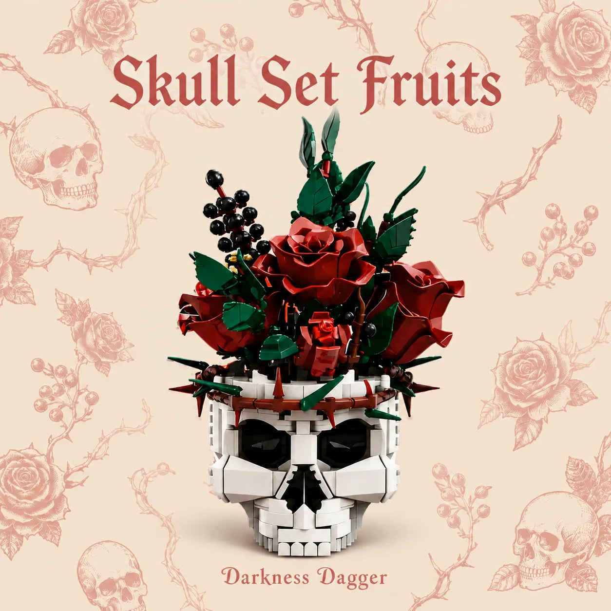 A gothic-themed product display featuring a white skull-shaped container filled with red roses, green leaves, and dark berries, set against a beige background with faint rose and skull illustrations. The text 'Skull Set Fruits' is displayed at the top, and 'Darkness Dagger' at the bottom.