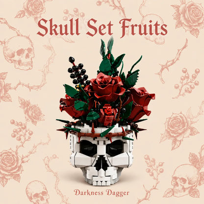 A gothic-themed product display featuring a white skull-shaped container filled with red roses, green leaves, and dark berries, set against a beige background with faint rose and skull illustrations. The text 'Skull Set Fruits' is displayed at the top, and 'Darkness Dagger' at the bottom.