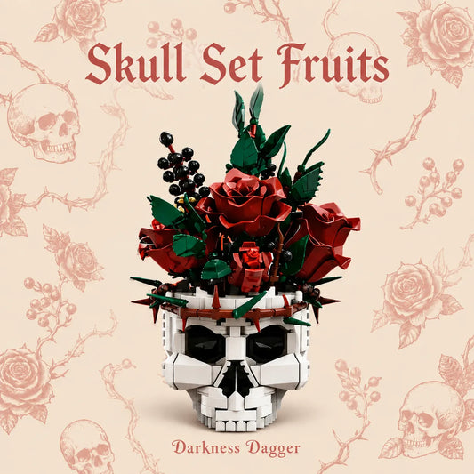 A gothic-themed product display featuring a white skull-shaped container filled with red roses, green leaves, and dark berries, set against a beige background with faint rose and skull illustrations. The text 'Skull Set Fruits' is displayed at the top, and 'Darkness Dagger' at the bottom.