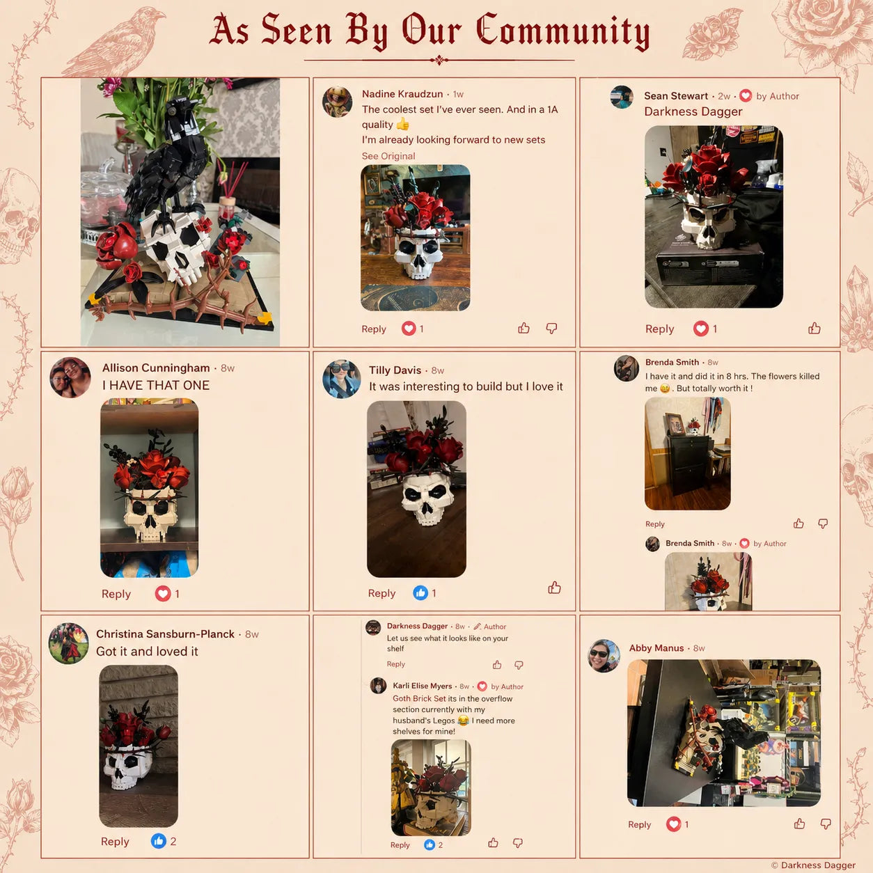 A collage of nine social media-style posts showing a decorative skull arrangement with red flowers and black feathers in different home settings, with the headline 'As Seen By Our Community' at the top.