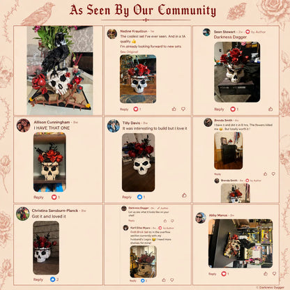 A collage of nine social media-style posts showing a decorative skull arrangement with red flowers and black feathers in different home settings, with the headline 'As Seen By Our Community' at the top.