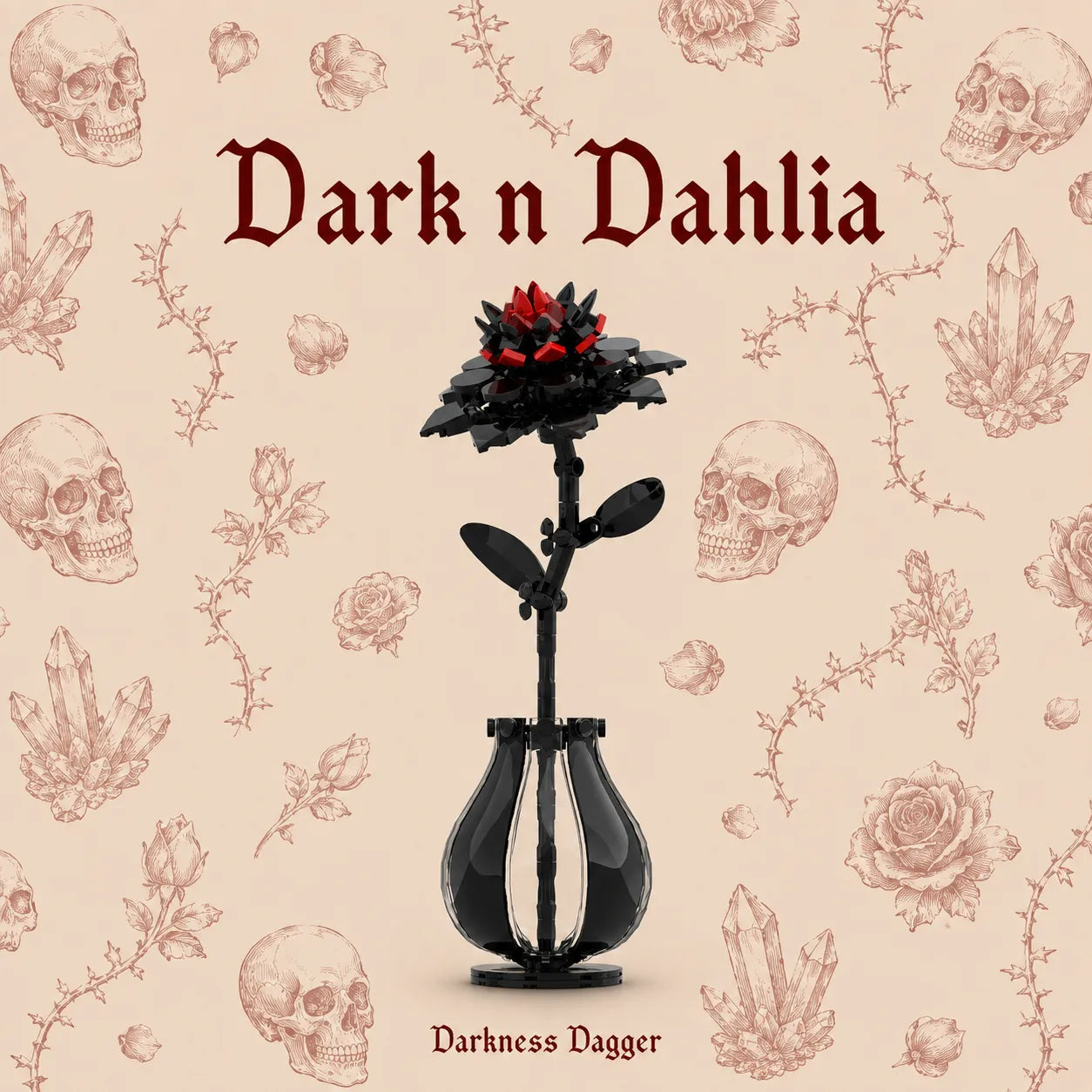 A gothic-style decorative product centered on a beige patterned background. The item appears to be a black metal flower holder or vase with a single black stem and a dark red flower on top.