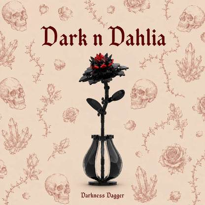A gothic-style decorative product centered on a beige patterned background. The item appears to be a black metal flower holder or vase with a single black stem and a dark red flower on top.