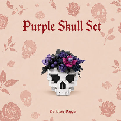 A skull-shaped planter or decorative object covered in white block-like tiles, filled with purple, violet, and black flowers, centered on a pale peach background with faded rose and skull illustrations. The text 'Purple Skull Set' appears at the top and 'Darkness Dagger' at the bottom.