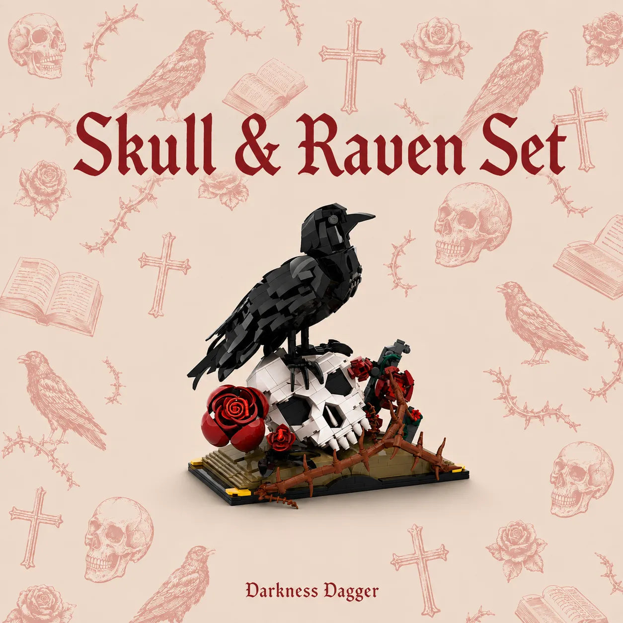 A gothic-themed product display titled 'Skull & Raven Set' featuring a black raven figurine perched on a white skull with red roses and dark thorny branches, set against a beige patterned background with sketches of ravens, skulls, crosses, and books. The brand name 'Darkness Dagger' is visible at the bottom.