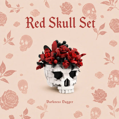 A gothic-themed product cover for a 'Red Skull Set' by Darkness Dagger, featuring a white skull filled with red roses and black berries on a pale pink patterned background.
